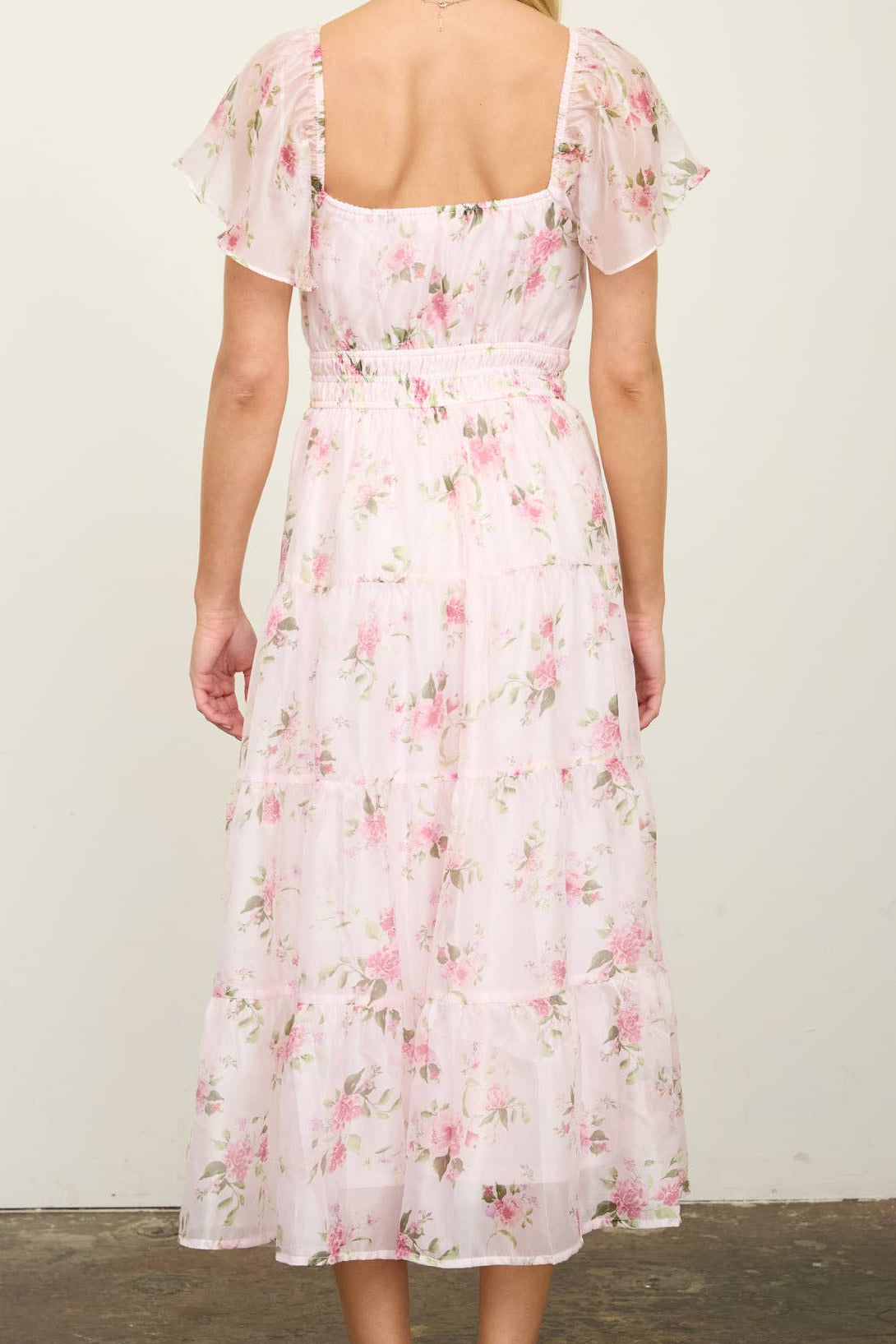 Floral Chiffon Flounce Sleeve Midi Dress