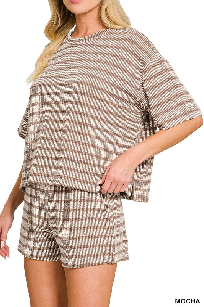 Zenana Stripe Raised Rib Half Sleeve Drawstring Shorts Set