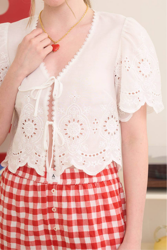 Eyelet Scalloped Front Tie Top