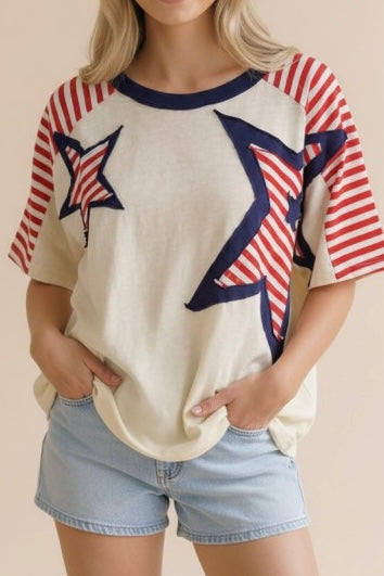 Red Stripe Oversized Star Patch Top