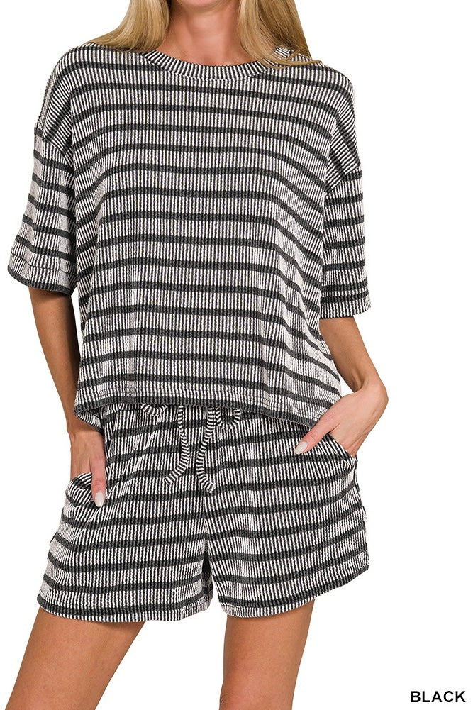 Zenana Stripe Raised Rib Half Sleeve Drawstring Shorts Set