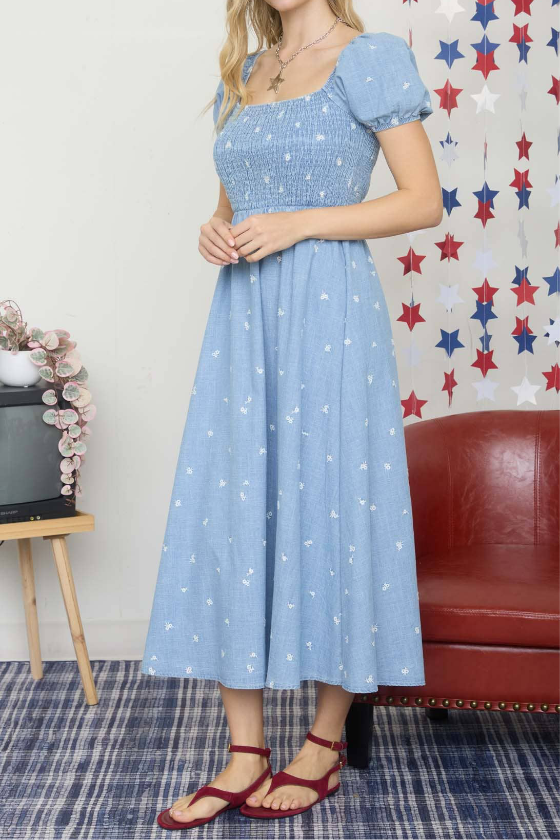 Chambray Floral Embroidery Smocked Midi Dress
