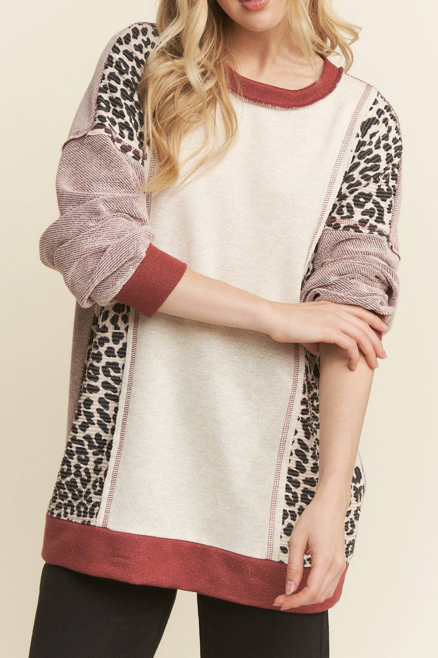 Marsala Color Block Leopard Insert Tunic