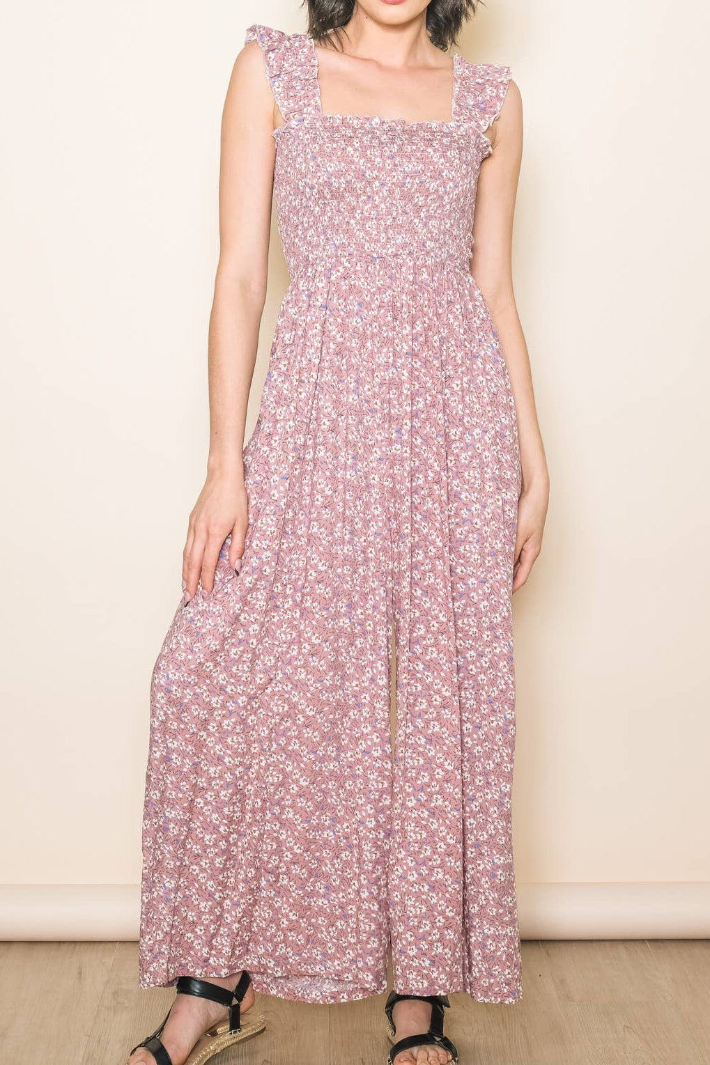 Pink Floral Ruffle Shoulder Smocked Wide Leg Jumpsuit