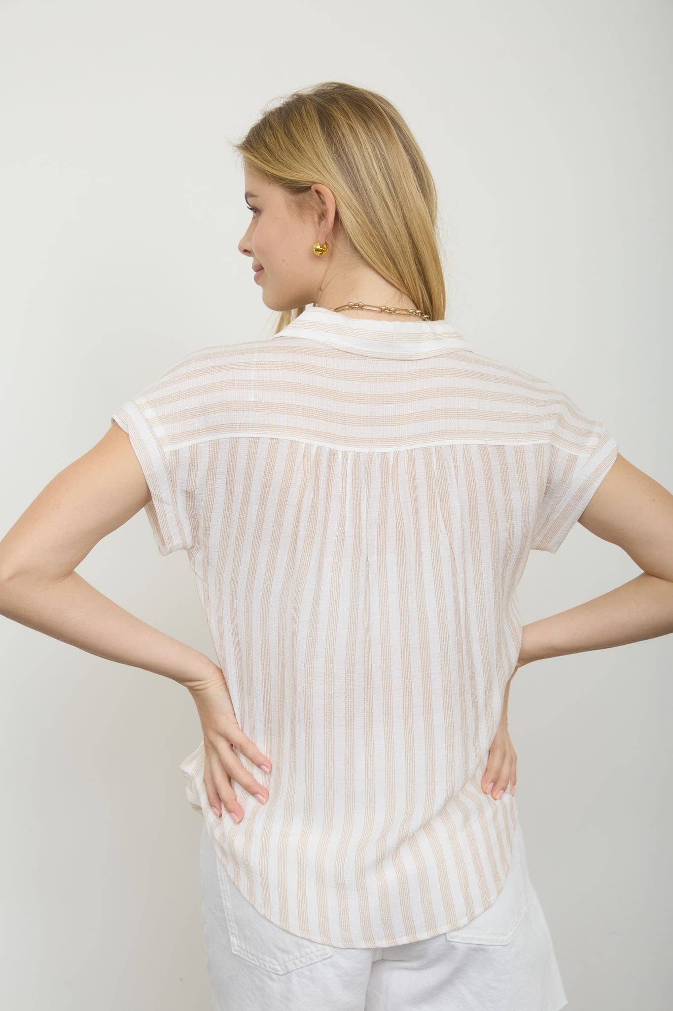 Stripe Collared V-Neck Button Down Short Sleeve Top