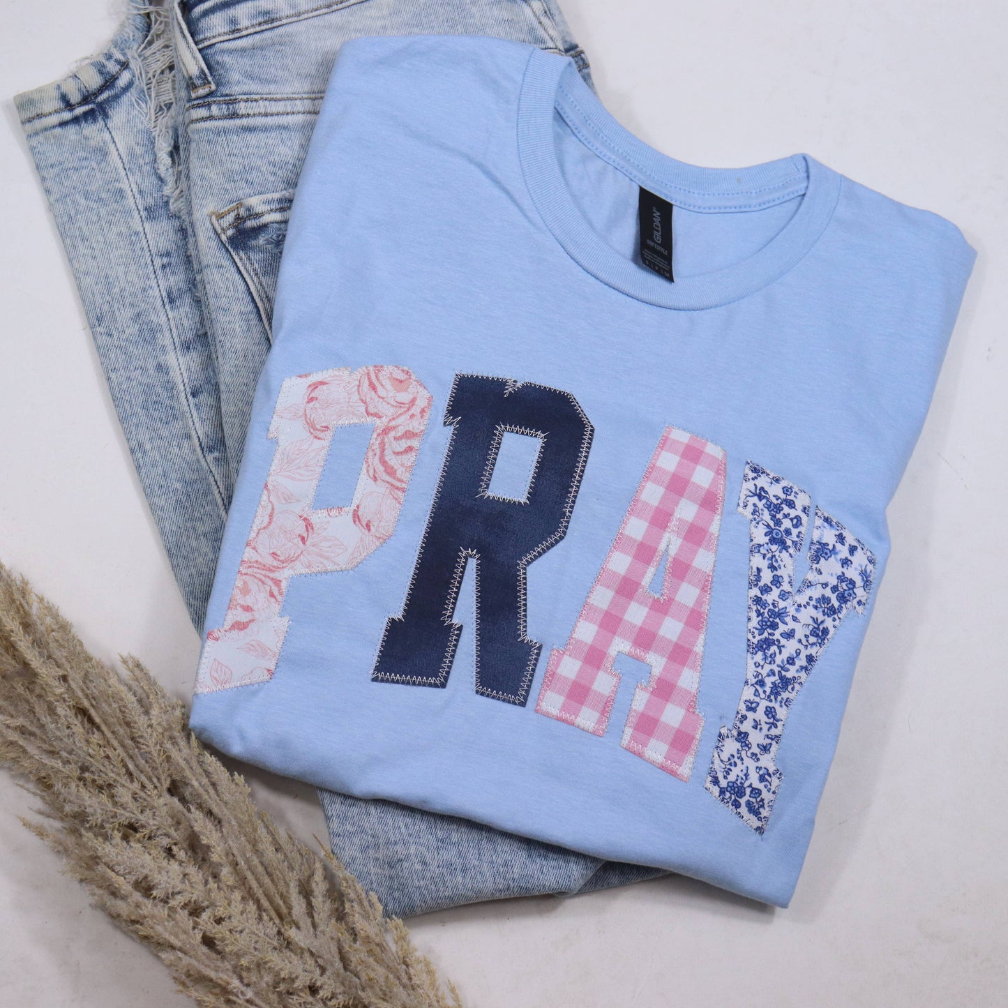 Light Blue Pray Short Sleeve Patchwork Tee