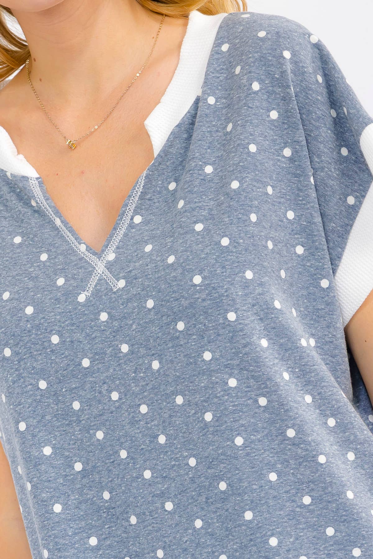 Vintage Navy Polka Dot Contrast Trim v Neck Top