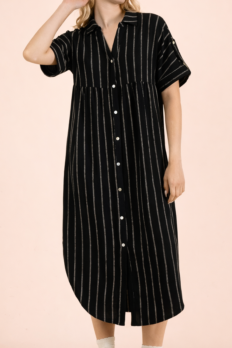 Black Striped Linen Midi Button Down Shirt Dress