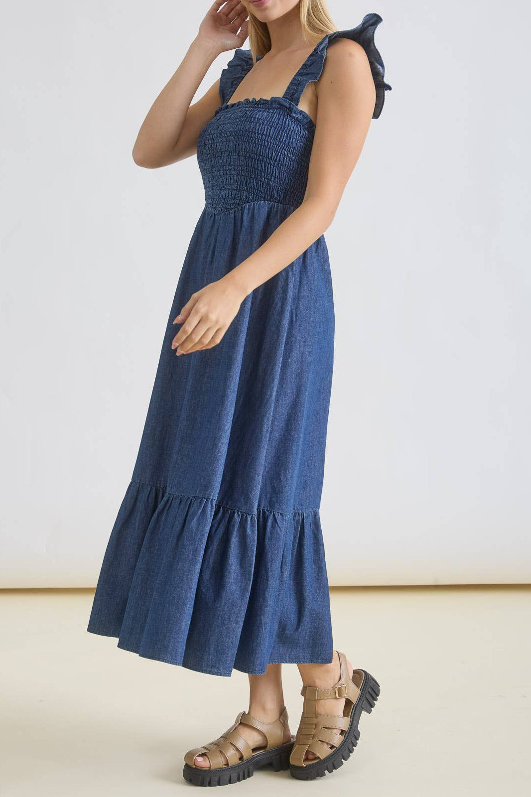 Dark Denim Smocked Ruffle Strap dress