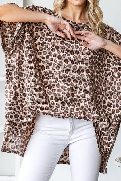 Taupe Short Sleeve Ribbed Leopard Tunic