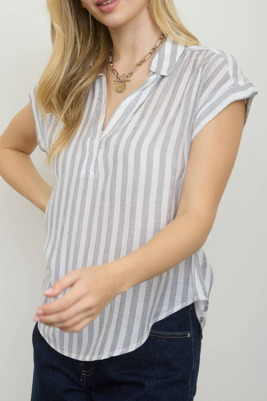 Stripe Collared V-Neck Button Down Short Sleeve Top