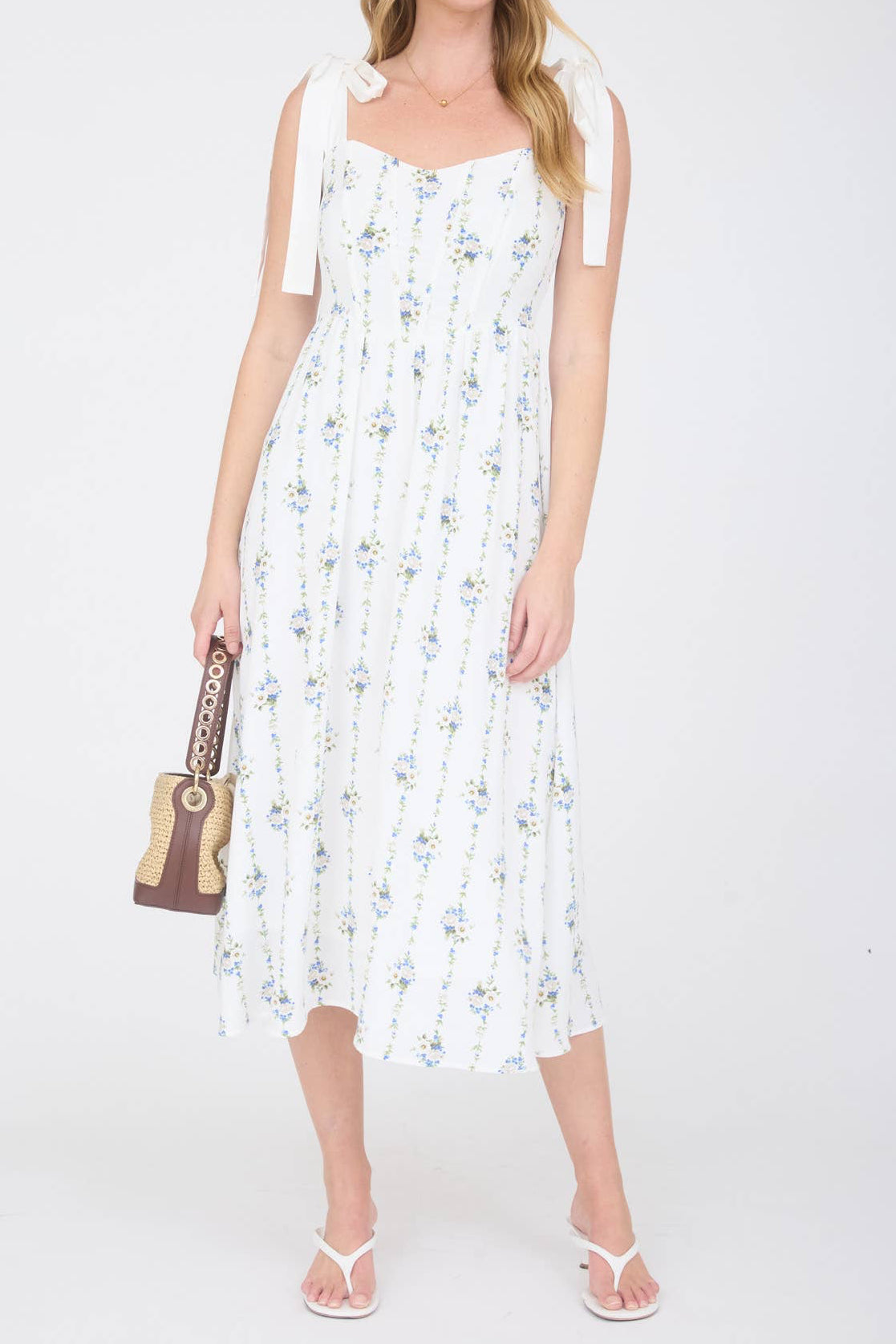 Ivory/Blue Floral Trellis Shoulder Tie Dress