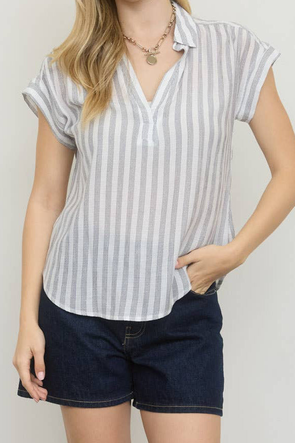 Stripe Collared V-Neck Button Down Short Sleeve Top