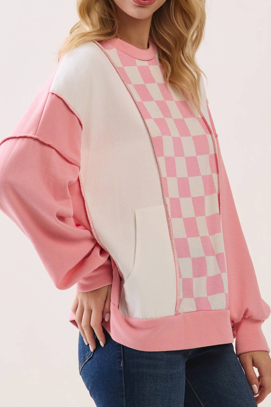 Checker Print Drop Shoulder Pullover Top