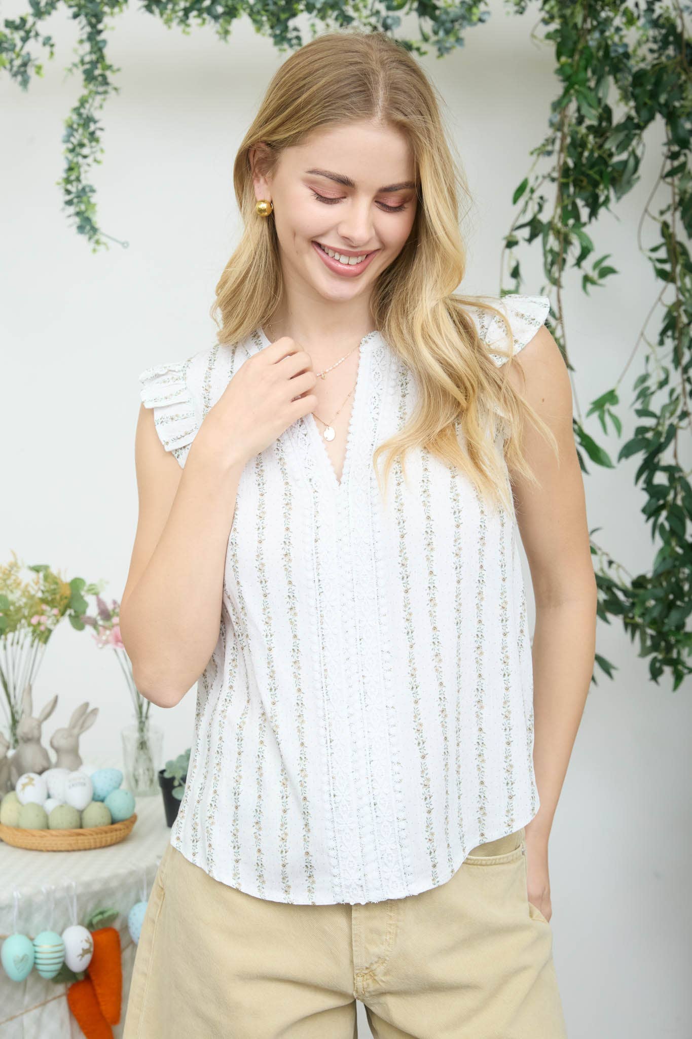 STRIPE FLORAL GARLAND PATTERN RUFFLE SLEEVE TOP
