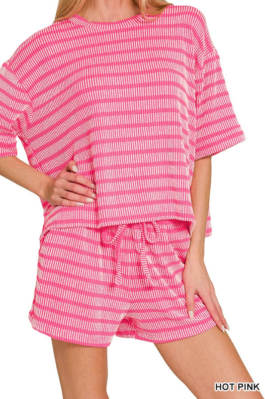Zenana Stripe Raised Rib Half Sleeve Drawstring Shorts Set