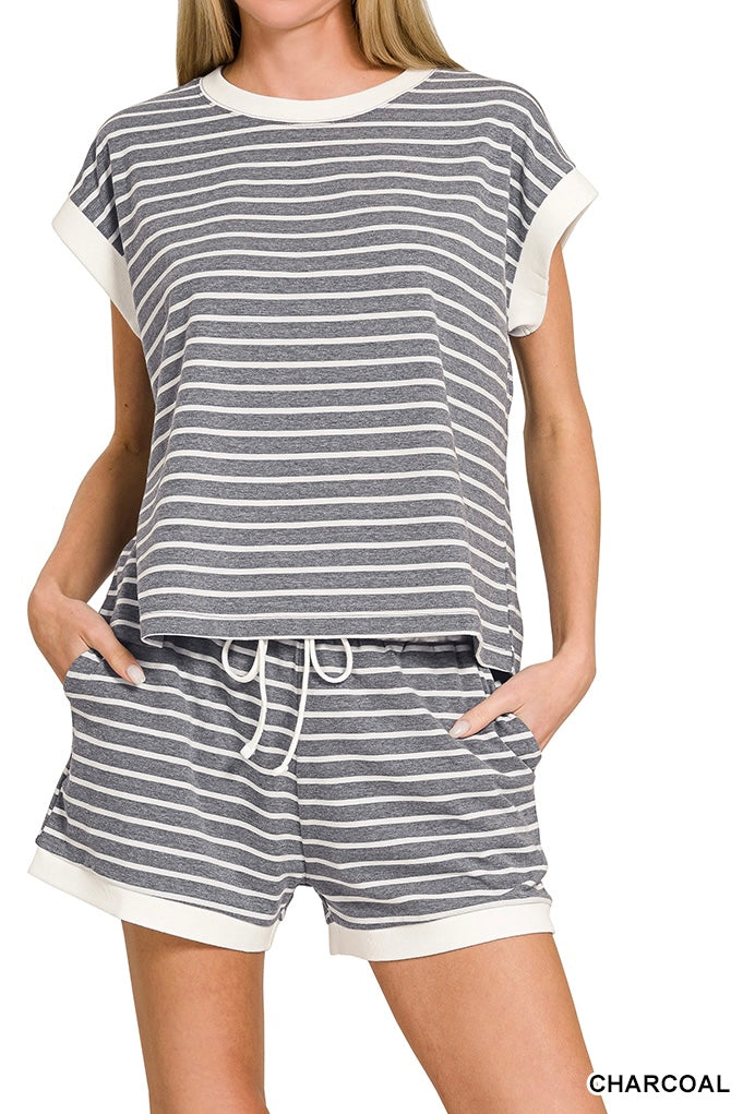 Zenana Stripe Contrast Rib Trim Shorts Set