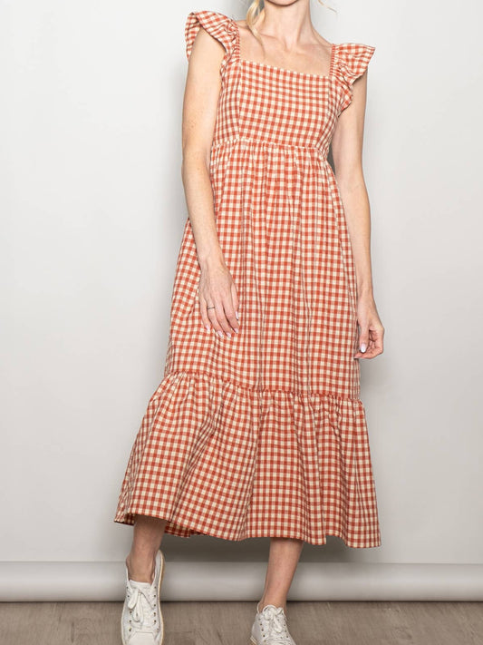 Red Ruffled Flutter Sleeve Gingham Cotton Midi Dress w Pockets