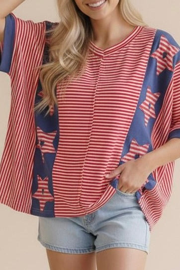 V-Neck Oversized Vertical Star Patch Stripe Top