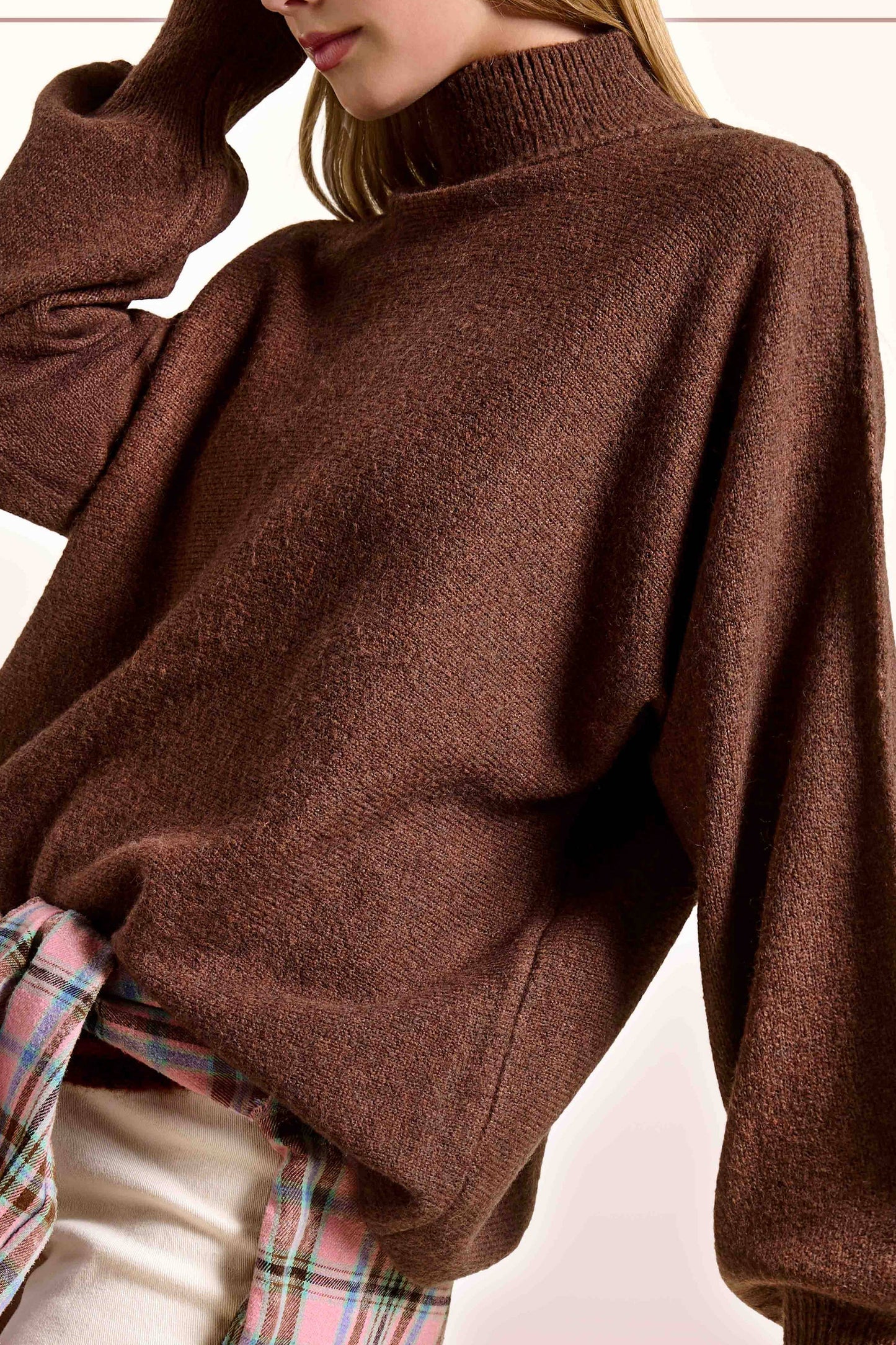 Pecan Loose Fit Balloon Sleeves Mock Neck Sweater