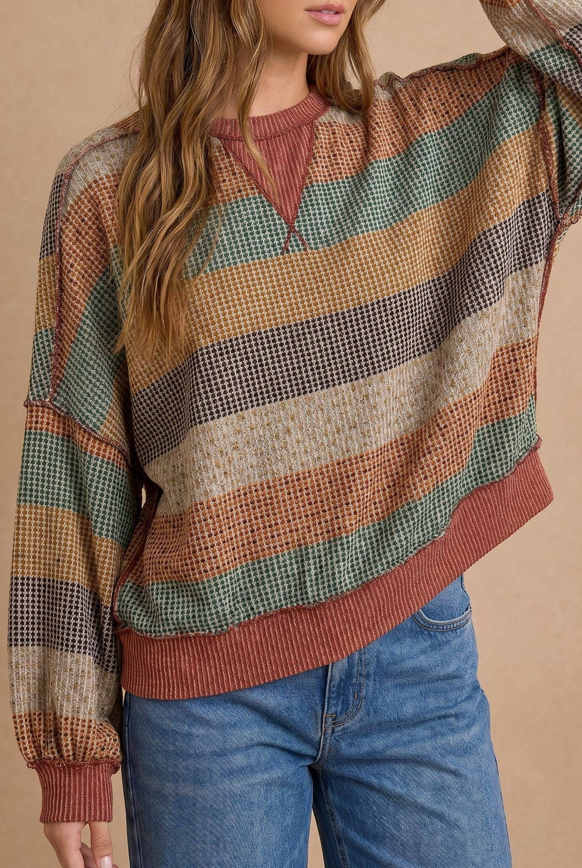 Stripe Waffle Wave Rib Banded Hem Pullover