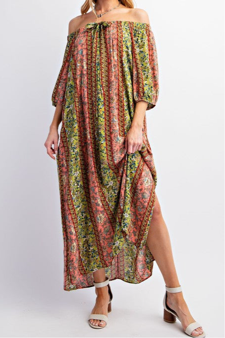 Coral Green Boho Printed Shift Dress