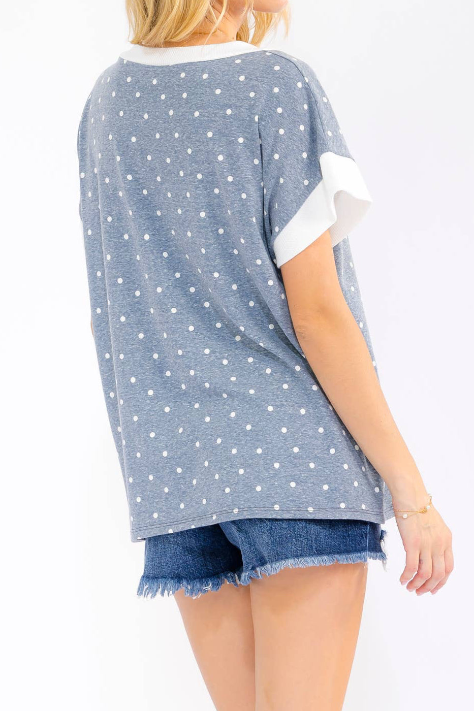 Vintage Navy Polka Dot Contrast Trim v Neck Top