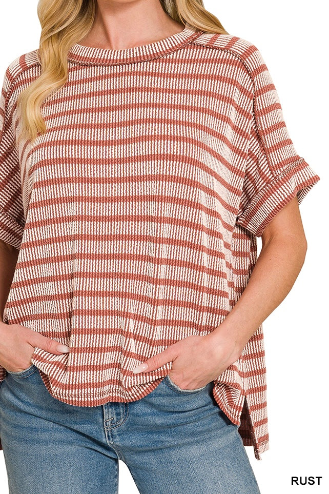 Zenana Stripe Short Sleeve Raised Rib Crew Neck Top