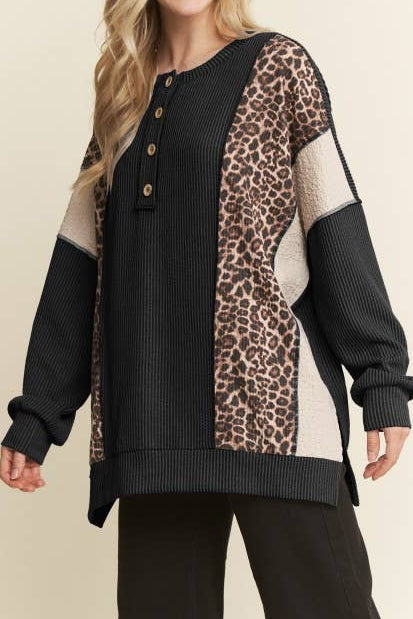 Ribbed Color Block Leopard Pullover
