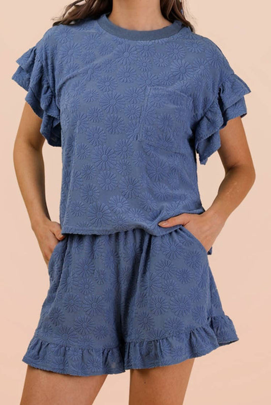 Floral Textured Ruffled Knit Top & Shorts Set
