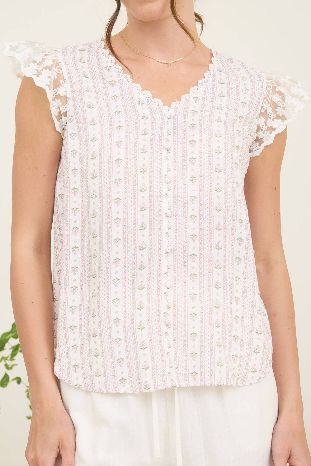 Pink Floral Trellis Lace Shoulder Top