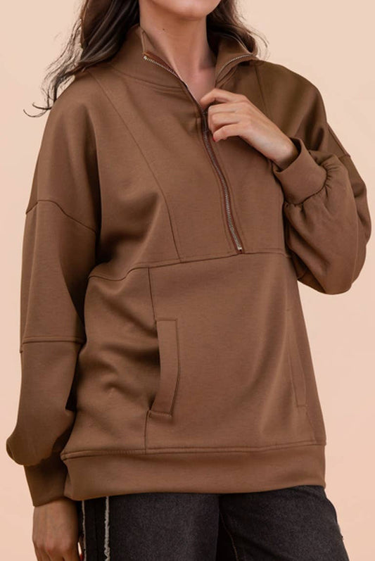 Mocha Half Zip UP Oversized Casual Comfy Knit Top