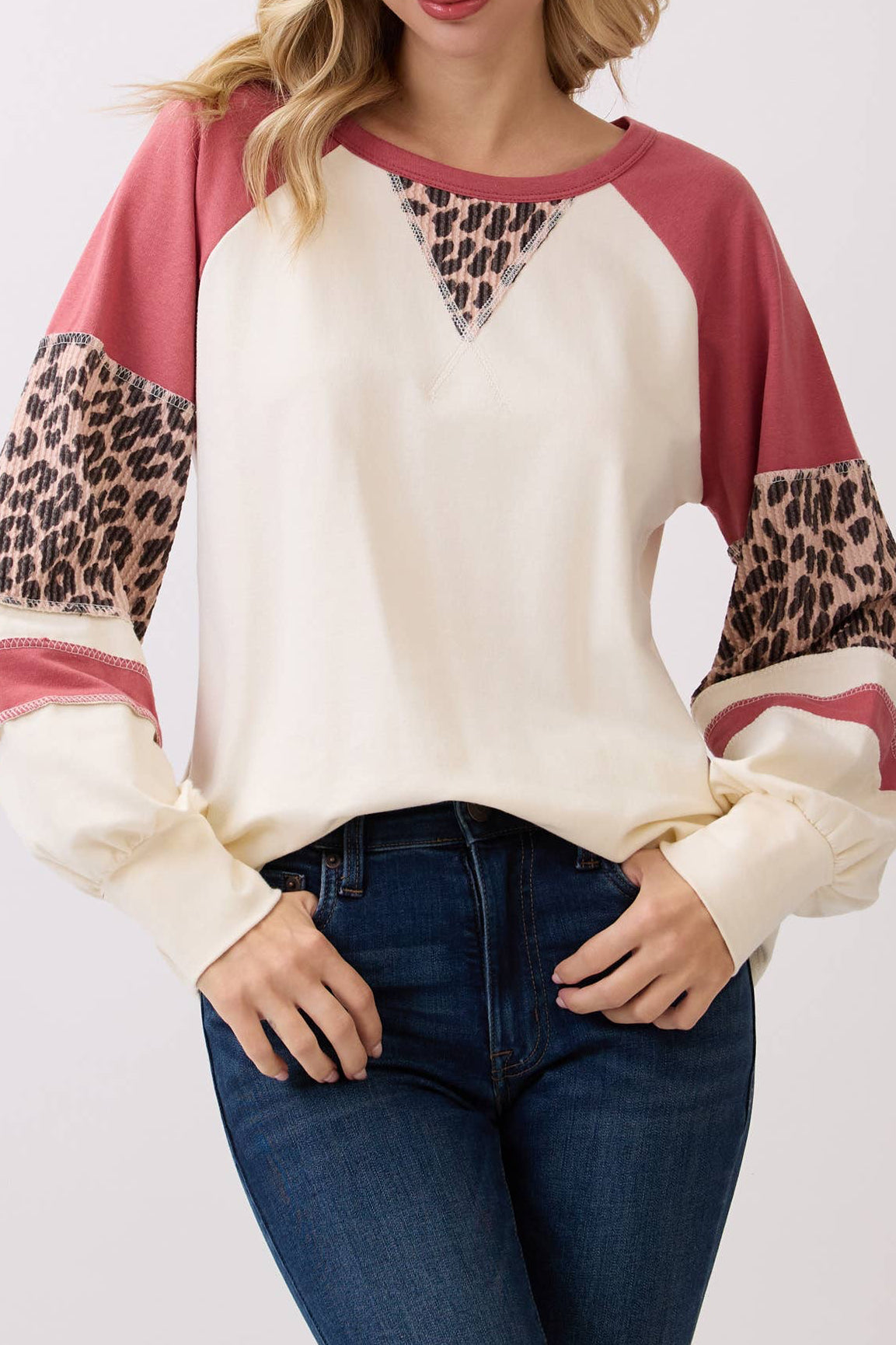 Leopard Print Color Block Raglan Pullover Top
