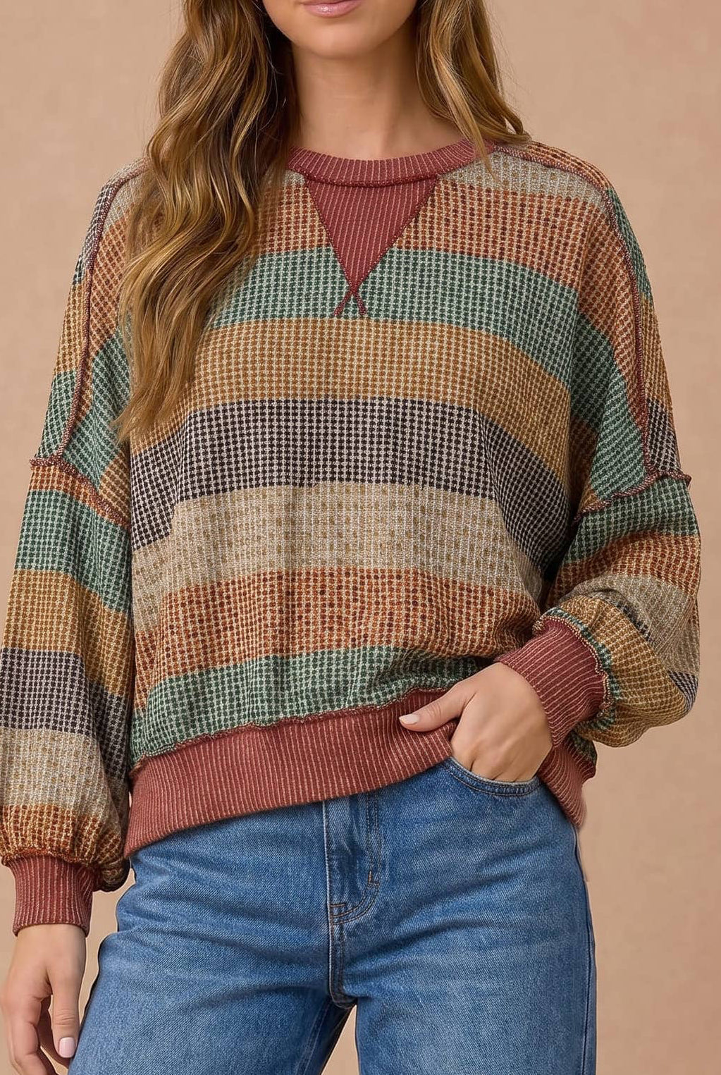 Stripe Waffle Wave Rib Banded Hem Pullover
