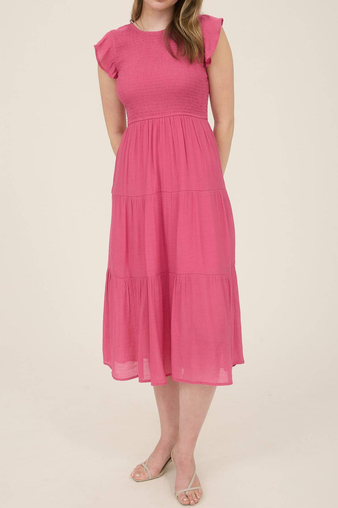 Pink Smocked Tiered Midi Dress
