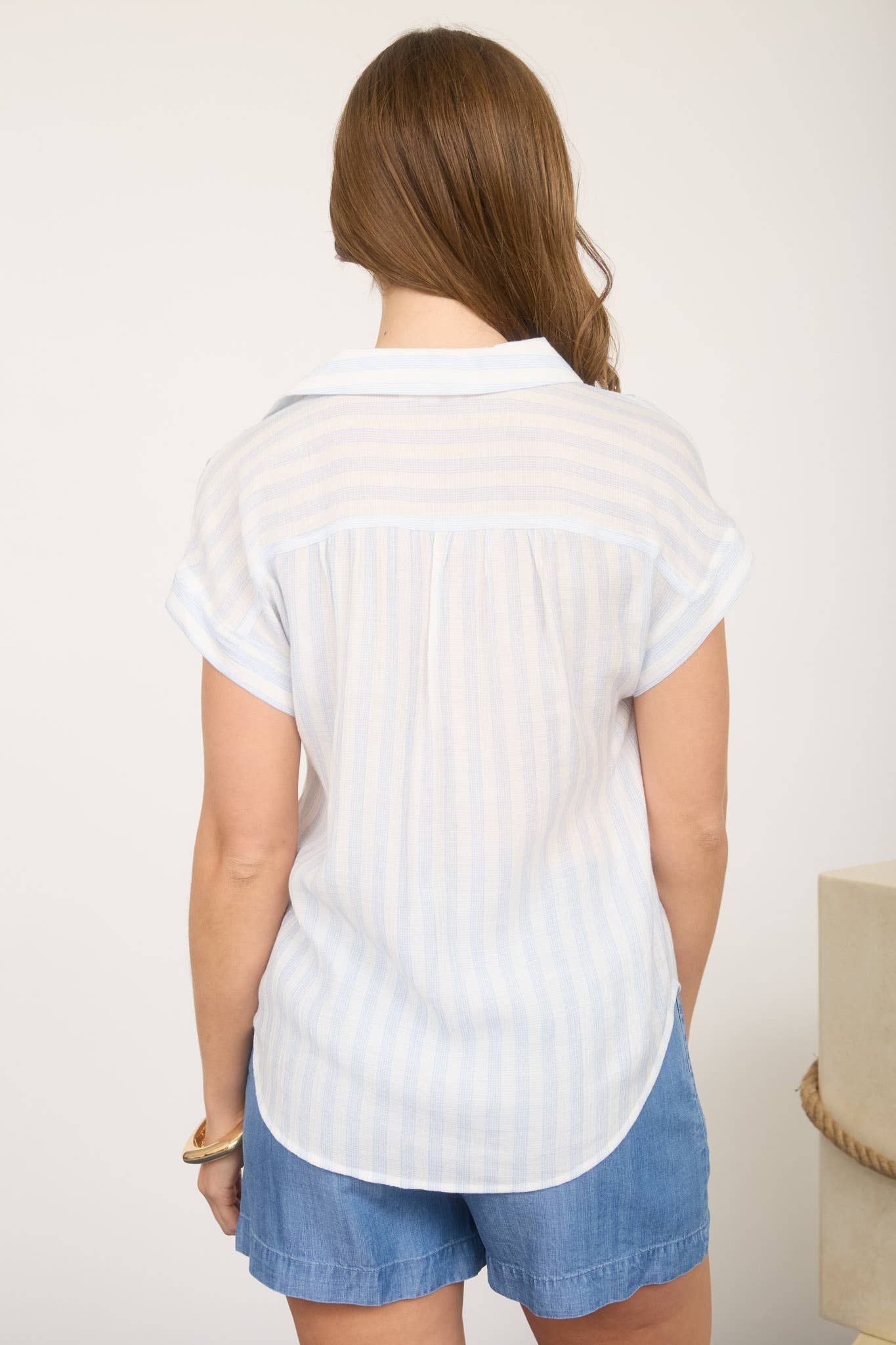 Stripe Collared V-Neck Button Down Short Sleeve Top
