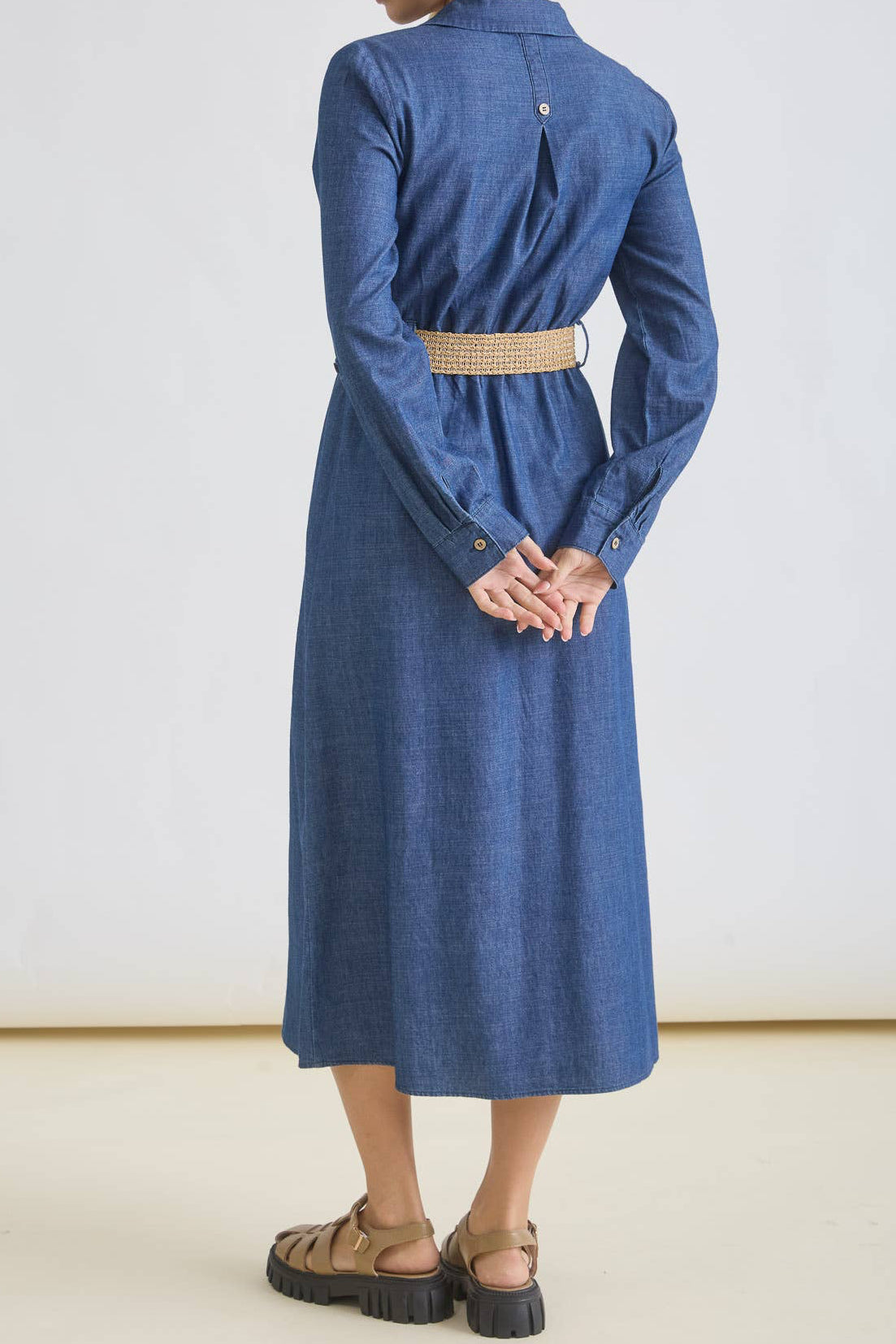 Button Down Denim Belted Dress