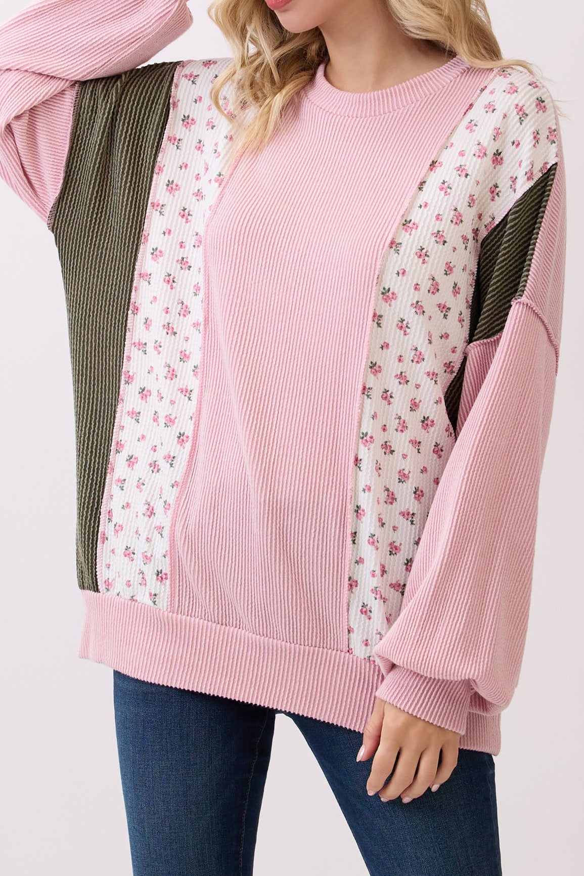 Rib Knit Floral Color Block Pullover Top