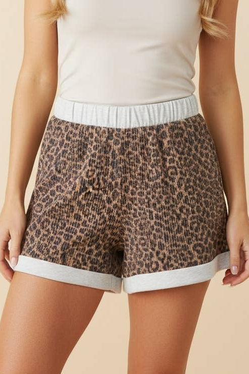 Contrast Trim Leopard Ribbed Shorts Set