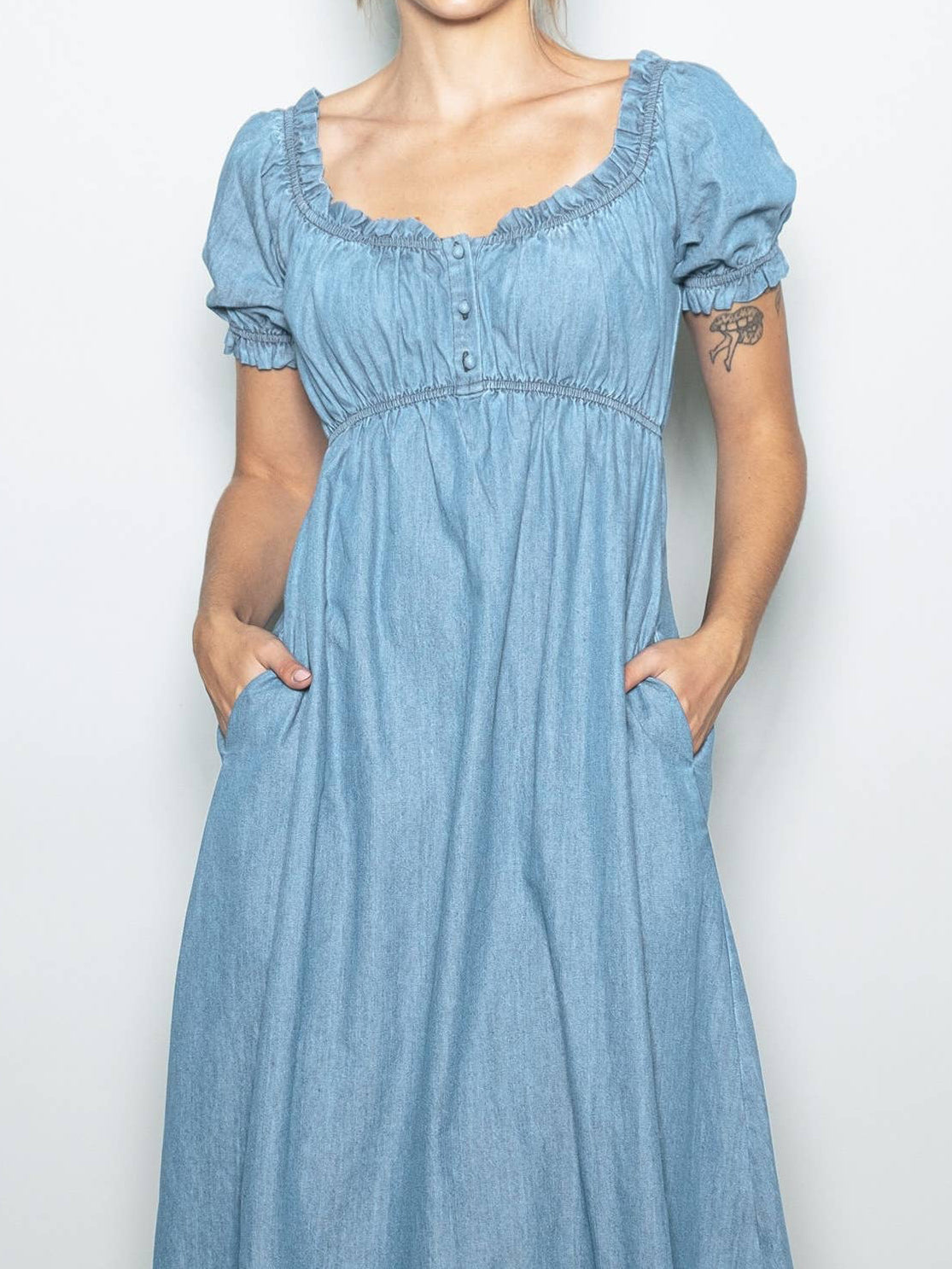 Vintage Washed Denim Ruffled Babydoll Dress w Pockets