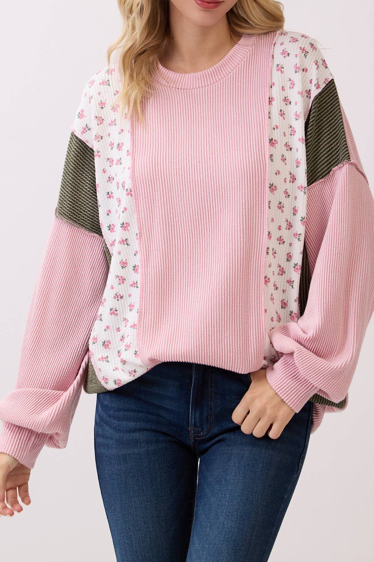 Rib Knit Floral Color Block Pullover Top