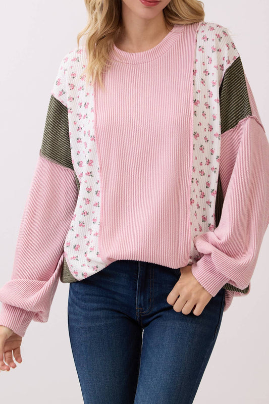 Rib Knit Floral Color Block Pullover Top