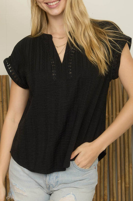 Black Textured Lace Line Blouse