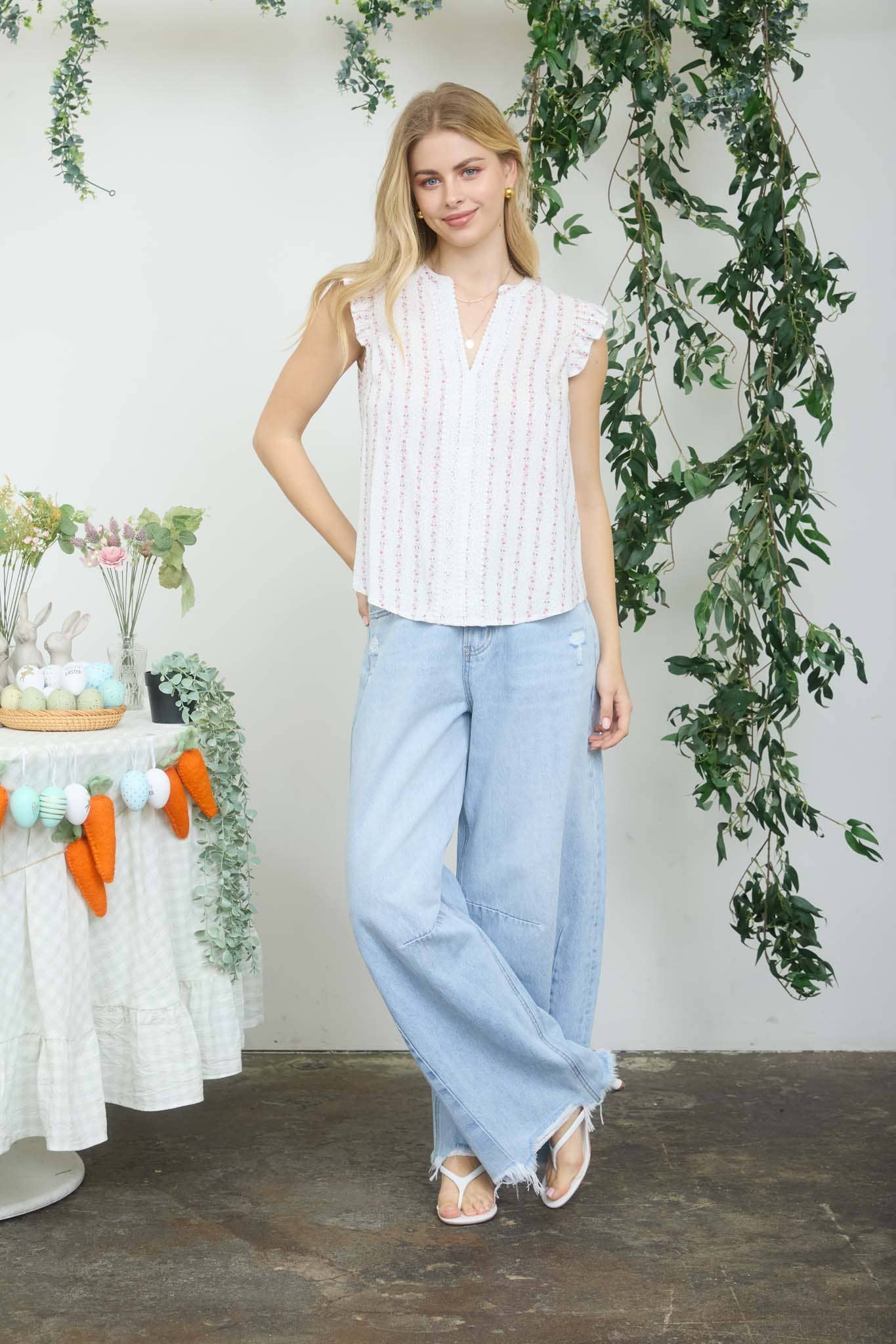STRIPE FLORAL GARLAND PATTERN RUFFLE SLEEVE TOP