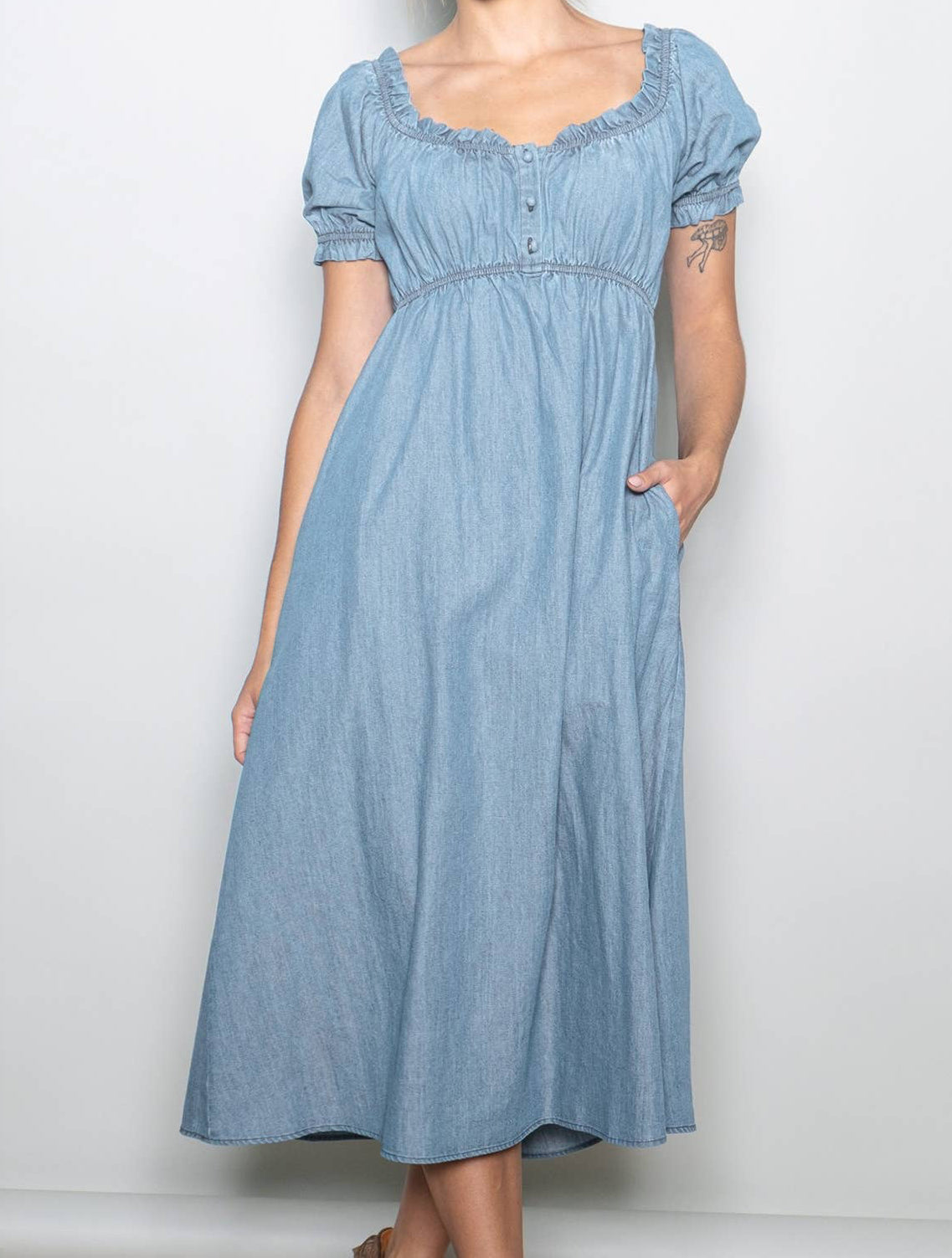 Vintage Washed Denim Ruffled Babydoll Dress w Pockets