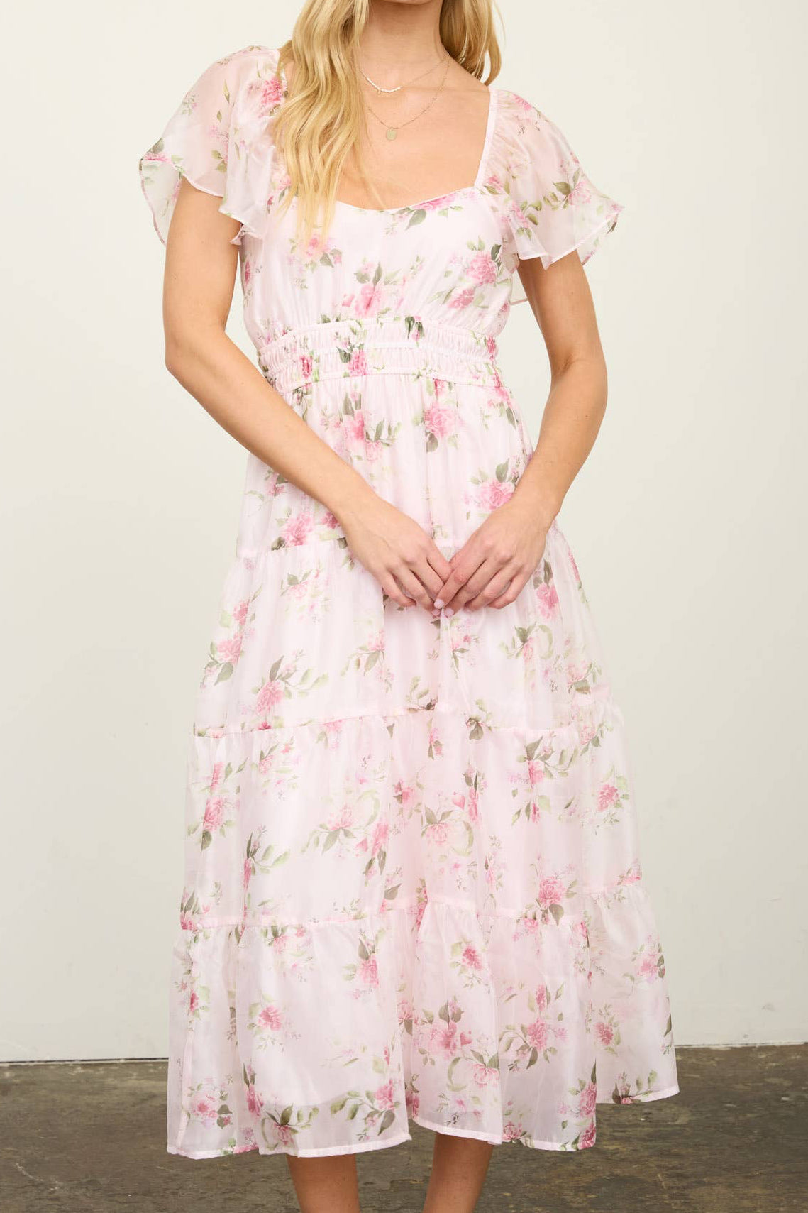 Floral Chiffon Flounce Sleeve Midi Dress