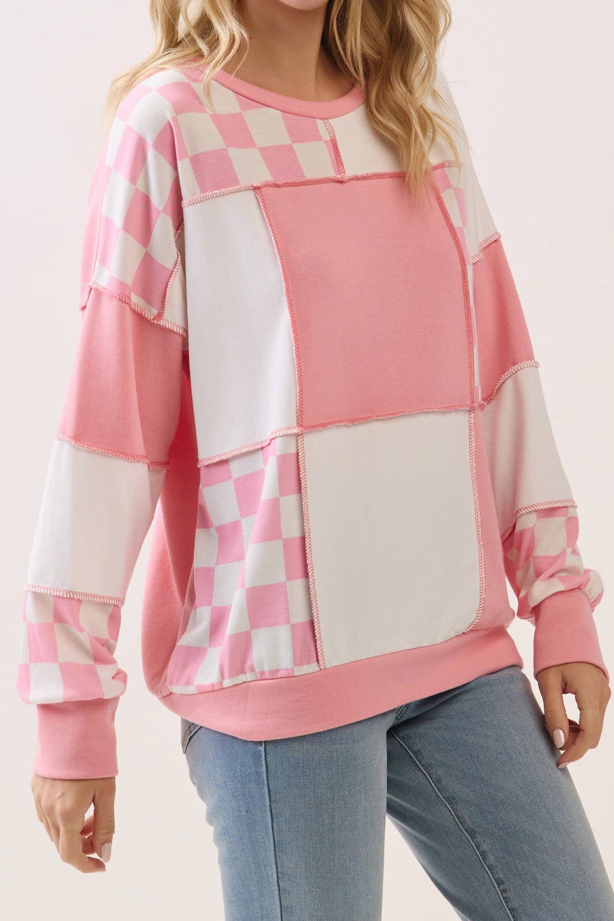 Pink Checkered Print Patchwork Pullover