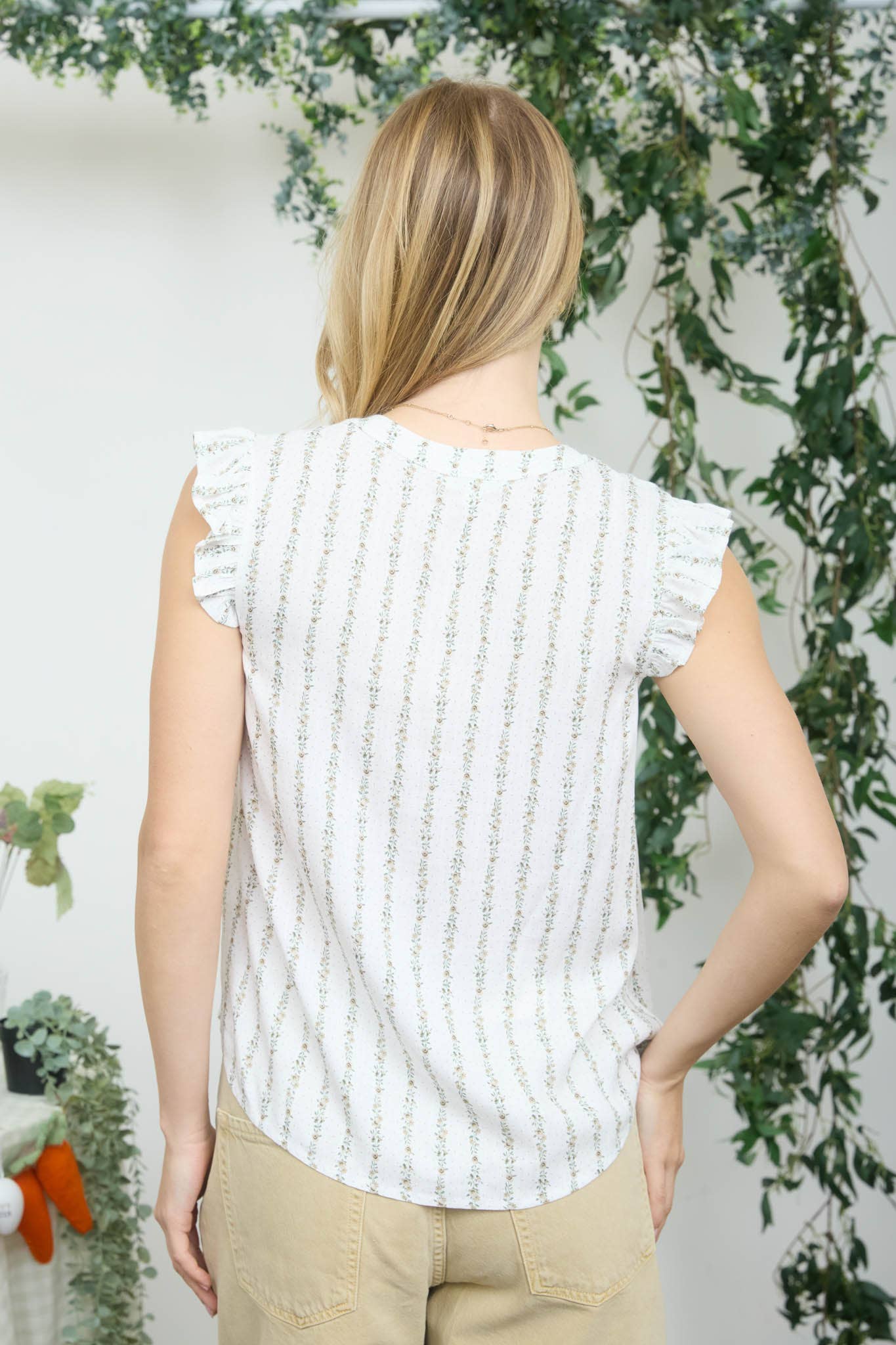 STRIPE FLORAL GARLAND PATTERN RUFFLE SLEEVE TOP