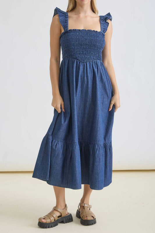 Dark Denim Smocked Ruffle Strap dress