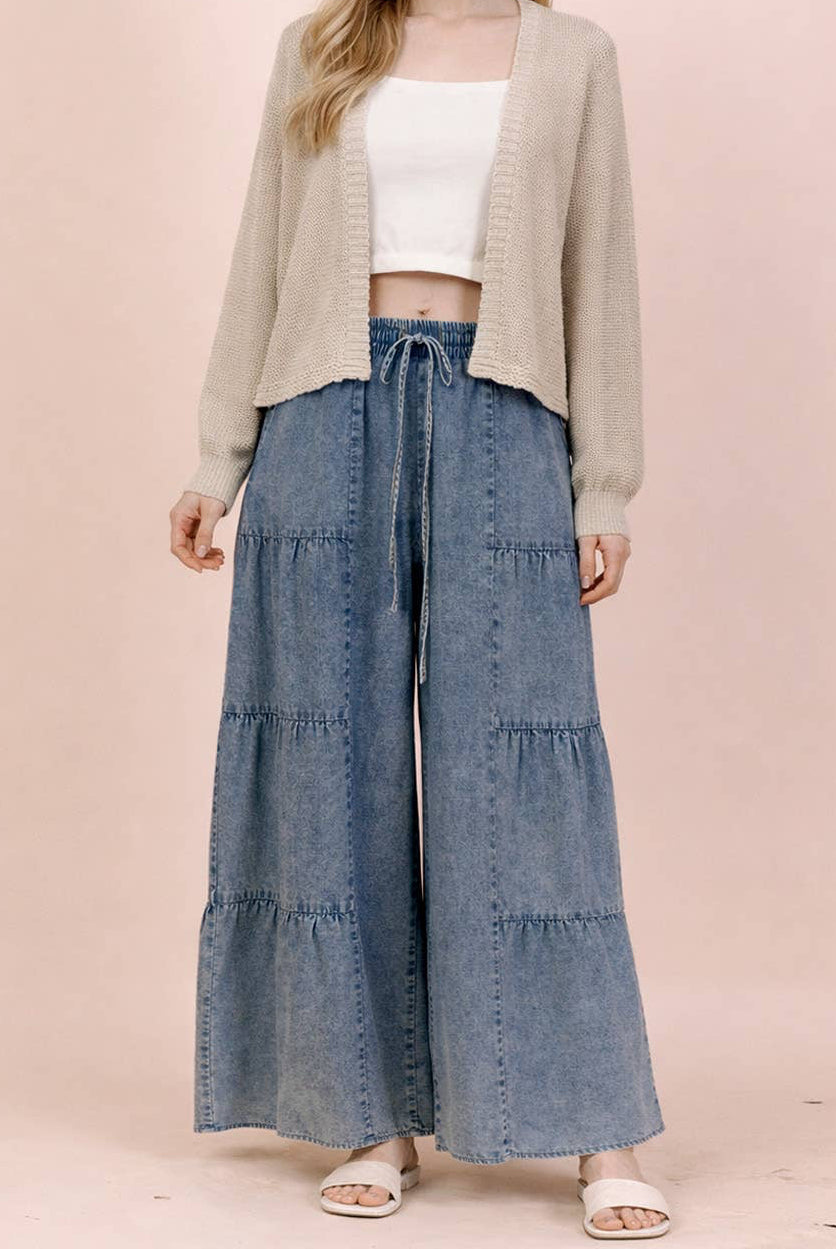 Tiered Layered Mineral Washed Chambray Pants